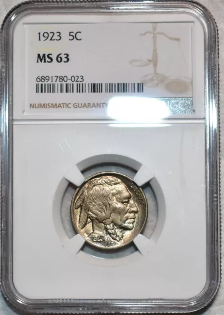 NGC MS-63 1923-P Buffalo Nickel, Highly Lustrous, Lightly Toned specimen.