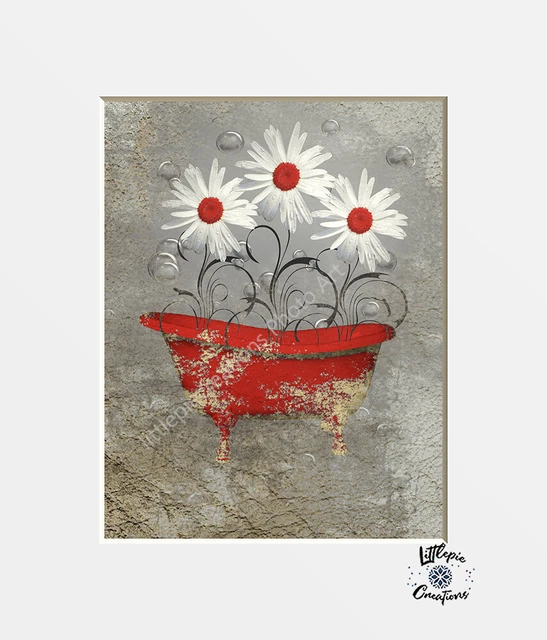 Brown Red Rustic Bathroom Wall Decor, Daisy's Farmhouse Decor, Matted Wall Art
