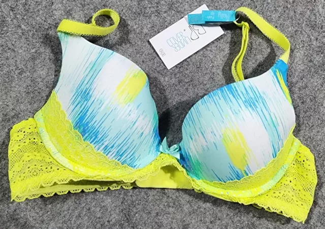 BP Undercover Womens Holly Push Up Bra Underwire Padded Blue Yellow Lace 32B NWT