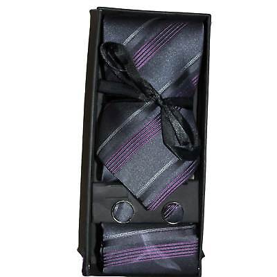 Set coordinato uomo cravatte  con gemelli e pochette nero/viola fantasia righe e
