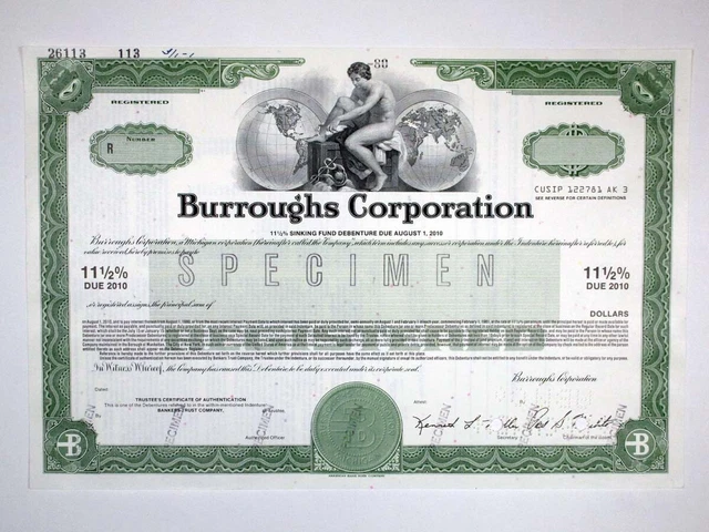 Burroughs Corp., 1980. Registered 11 1/2% Specimen Bond, XF ABNC