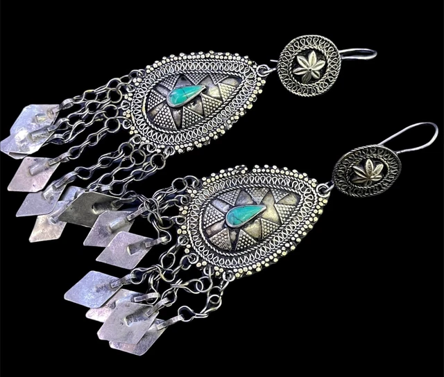 Ancient Islamic ottomans period silver and Turquoise dangle earrings beautiful