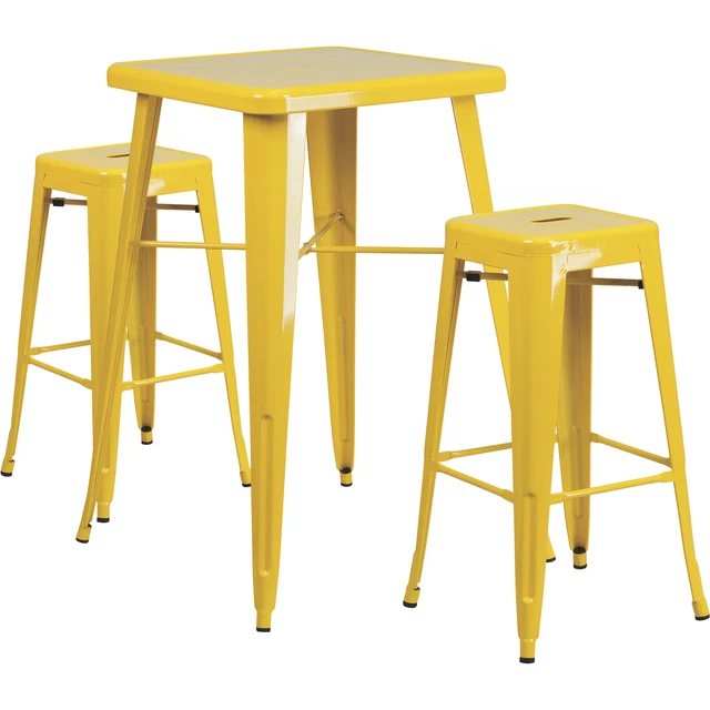 3pc Yellow Metal Bar Table Set 23.75inx40inH Square Table w/2 Backless Barstools