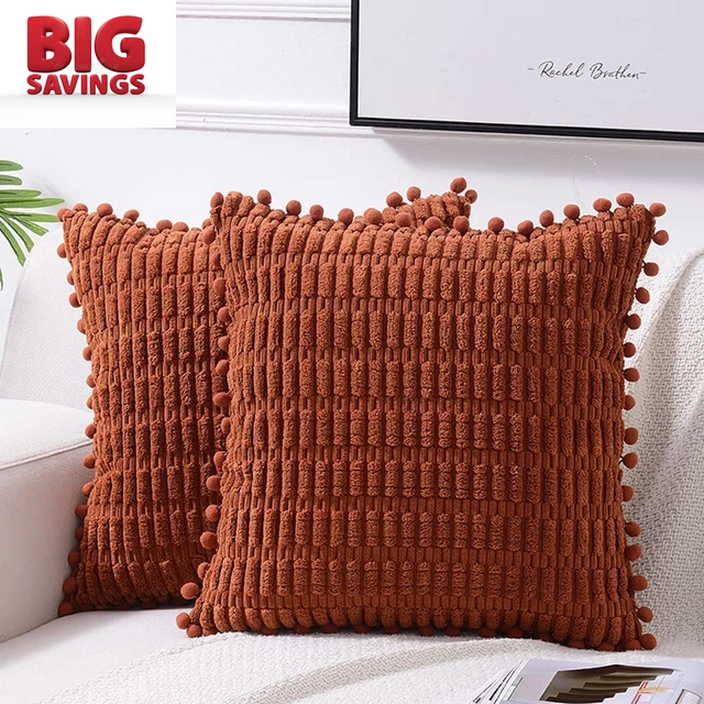 2 Packs Rust Decorative Throw Pillow Covers 18X18 Inch with Pom-Poms for Couch B
