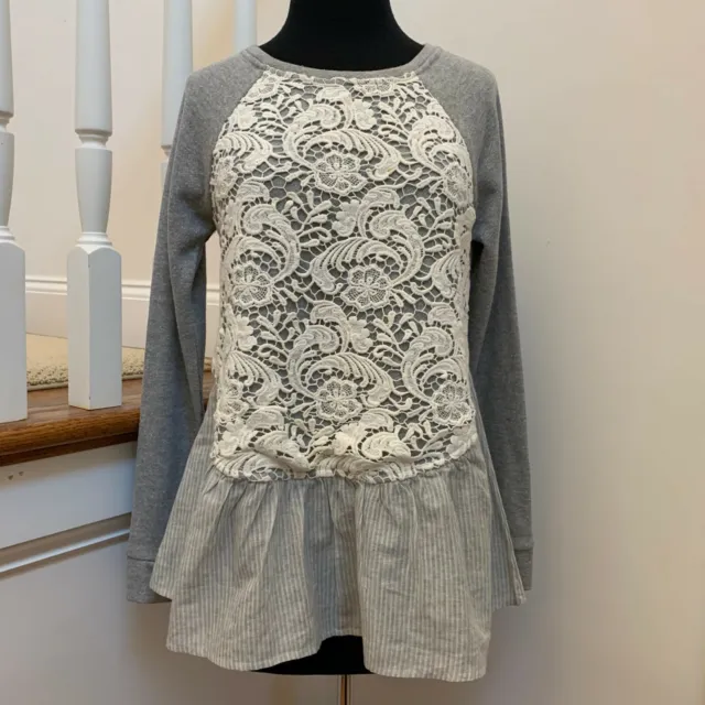 Anthropologie Sunday In Brooklyn Top Size XS Grey White Floral long sleeve 
