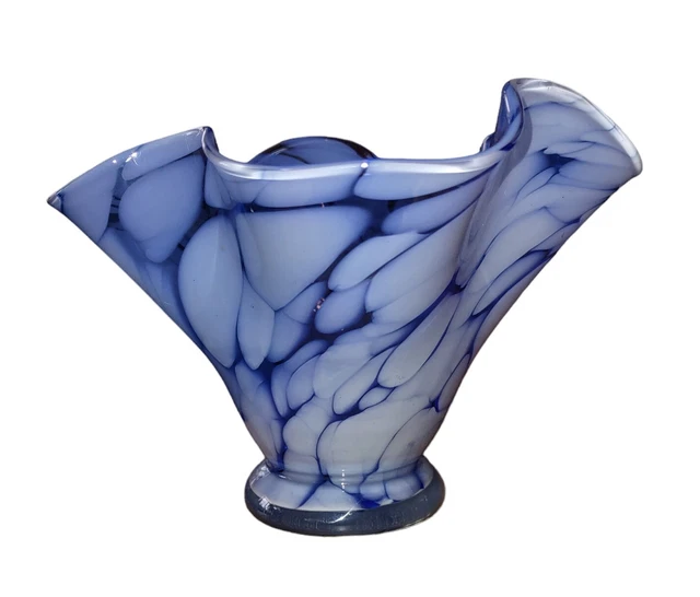 KROSNO JOZEFINA POLAND Dk&Lt Blue Clear Glass Ruffle Vase Art Deco