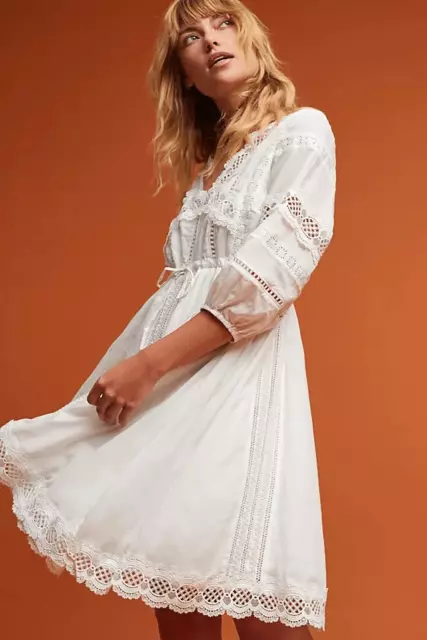 Anthropologie Eri Ali Gustavia White Eyelet Summer Puff Sleeve Dress Size Small