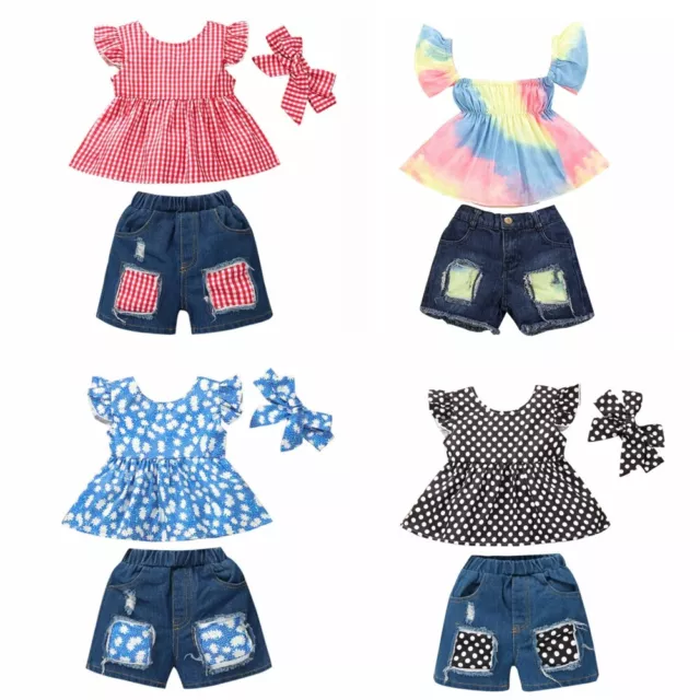 Little Baby Girls Cute Outfit Tie Dye Top Ripped Denim Shorts Summer Casual Set