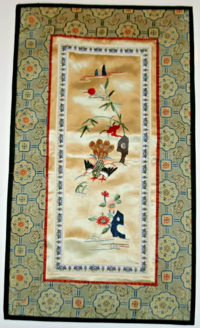 70s NEW VTG. Chinese Silk-Panel Turkey QING EMBROIDERY Gold Wall-Hanging Sunset