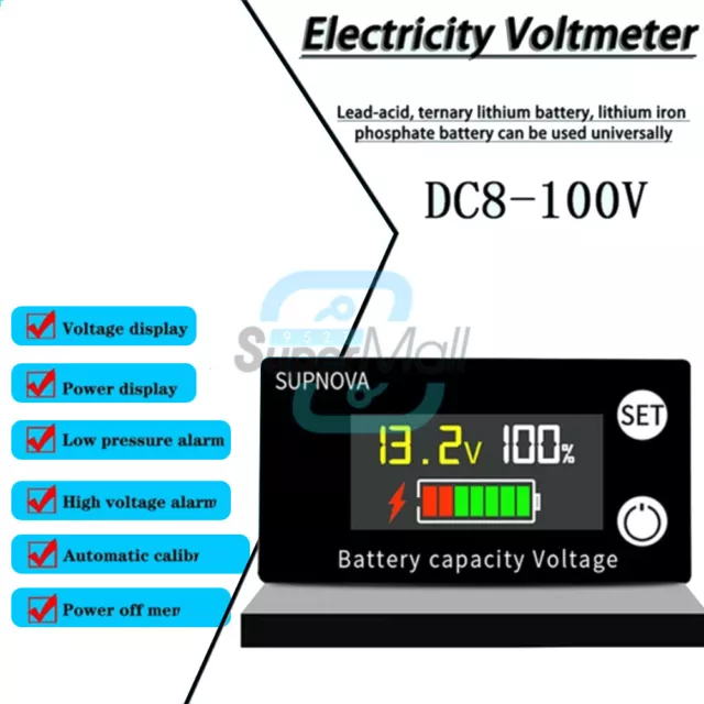 DC8-100V Digital LCD Voltmeter Battery Capacity Indicator with Alarm Temperature