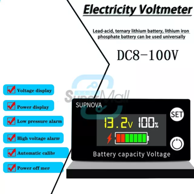 DC8-100V Voltmetro Digitale LCD Indicatore Capacità Batteria con Temperatura Allarme