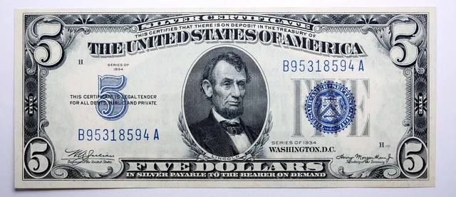 1934 $5 Five Dollar Note Blue Seal Silver Certificate UNCIRCULATED Crisp!