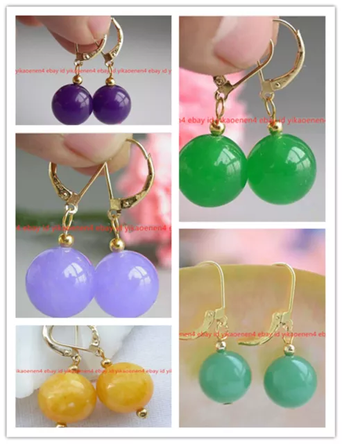 8/10/12/14mm Multicolor Round Jade Gems Beads Gold Leverback Dangle Earrings