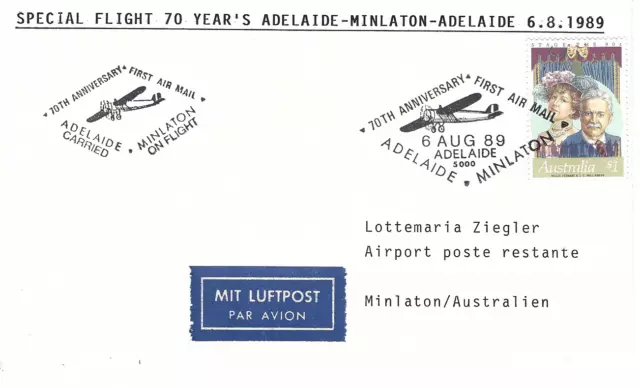Australien, FFC,Sonderflug 70 Jahre First Air Mail Adelaide-Minlaton, 06.08.1989