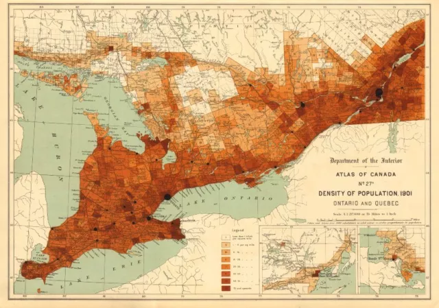 CANADA POPULATION DENSITY 1901. Ontario and Quebec. WHITE 1906 old antique map