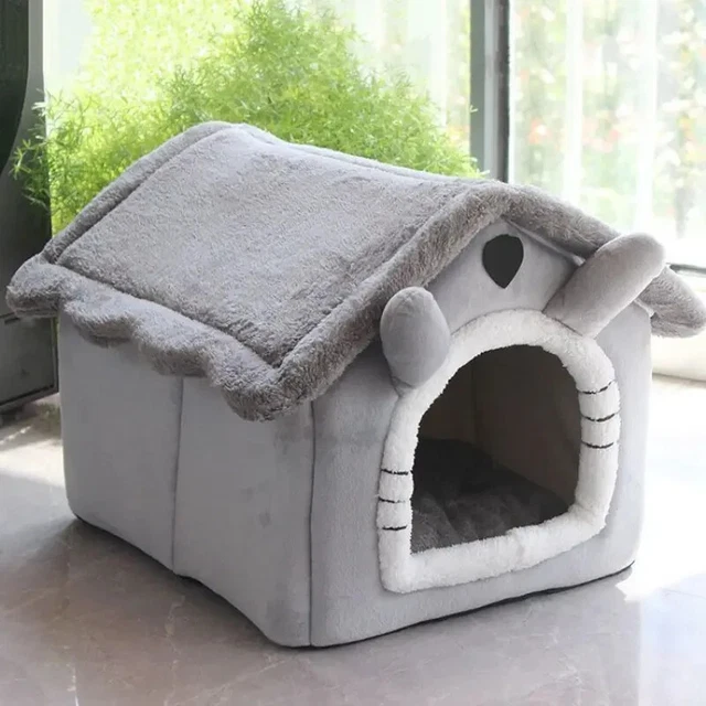 Soft Dog House Kennel Bed Enclosed Warm Plush Sleeping Nest Foldable Tent Warm