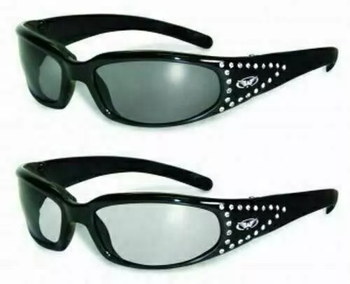 2 Womens Foam Padded Motorcycle Riding Sun Glasses-42 Rhinestones-Smoked & Clear