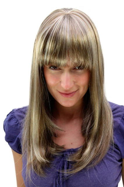 Perruque Synthétique Longue Lisse Marron Et Mèches Blonde Avec Frange - Neuf