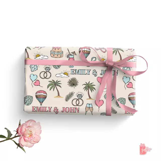 Tropical Wedding Custom Names on Gift Wrap, Beach Engagement Wrapping Paper Roll