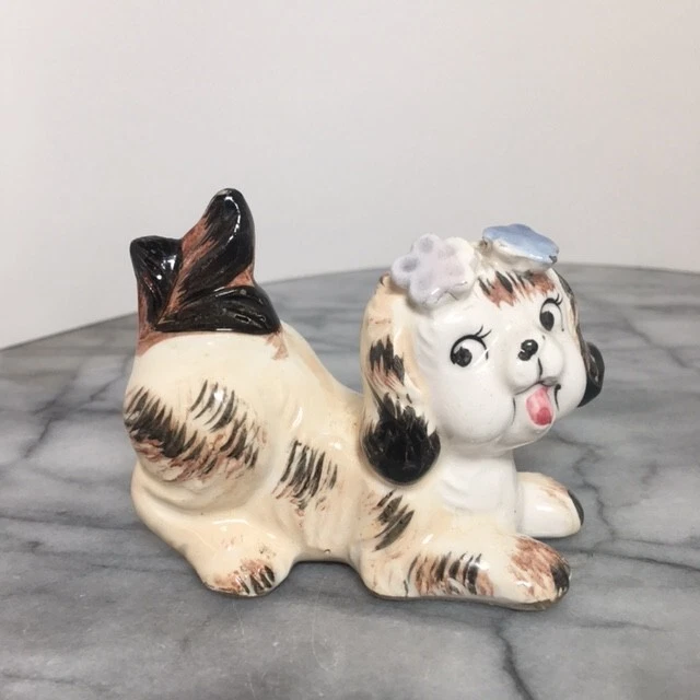 Vintage Puppy Dog Anthropomorphic Ceramic Figurine Japan Pink Blue Bow