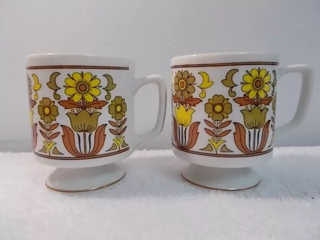 2 Vintage Art Deco Mid Century Floral Footed Porcelain Coffee Tea Cups Mugs