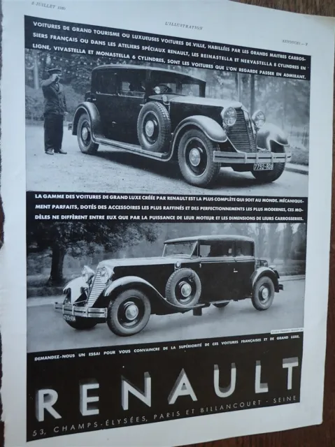 RENAULT voiture grand tourisme grand luxe 57 publicité papier ILLUSTRATION 1930