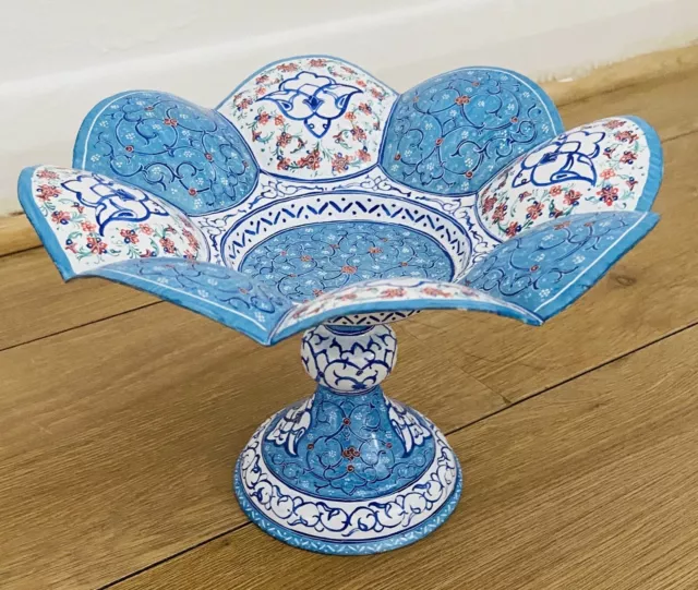 Persian Mina Kari Handmade Enamel On Copper Pedestal Cookie Platter