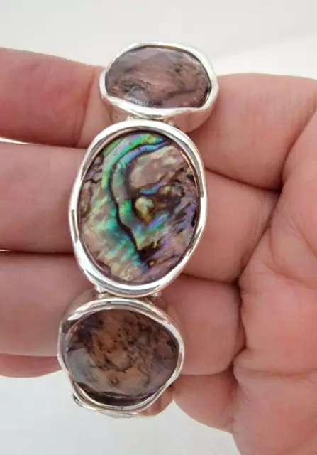 Abalone Natural Shell Oval Sliver Tone Panels Stretch Bracelet 6.75"