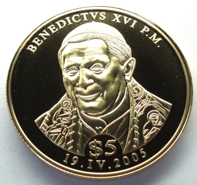 LIBERIA 5 DOLLARS 2005 Pope Benedict XVI UNC 40mm 33.5g Gold Plated CuNi. B12