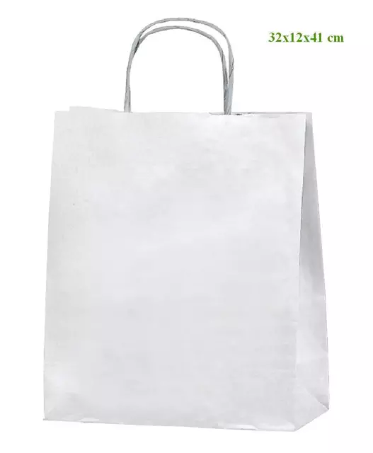 50 Sacs Papier Blanc Kraft Poignees Torsadees Ficelle 32X12X41 Cm Cadeau