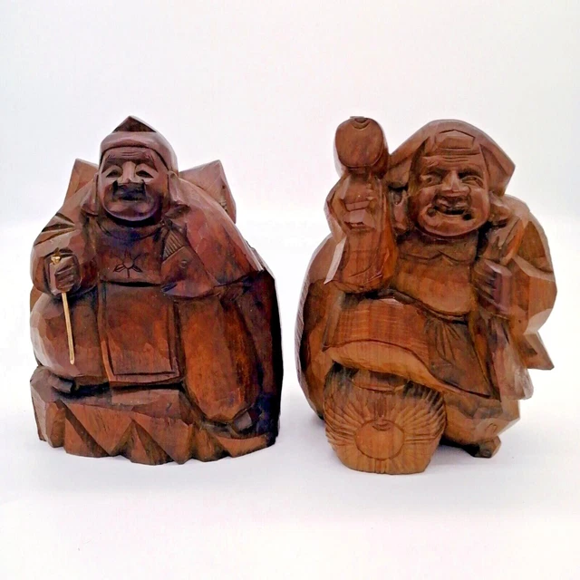 21cm Japanese Big Wooden DAIKOKU EBISU Doll Set Vintage Ornament Interior OTA040