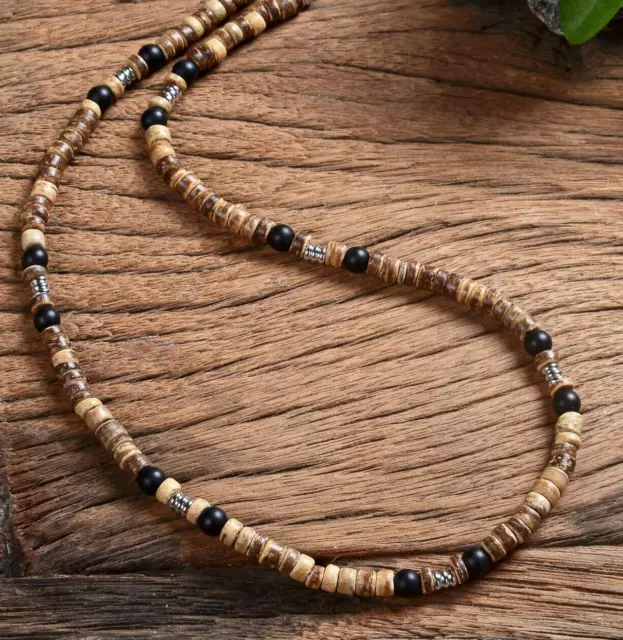 Collier homme de perles agate noir mat, en pierre naturelle, Hématite bois