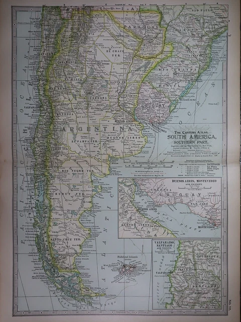 Old 1902 Century Atlas Map ~ SOUTHERN PART of SOUTH AMERICA ~ (12x16) -#1142