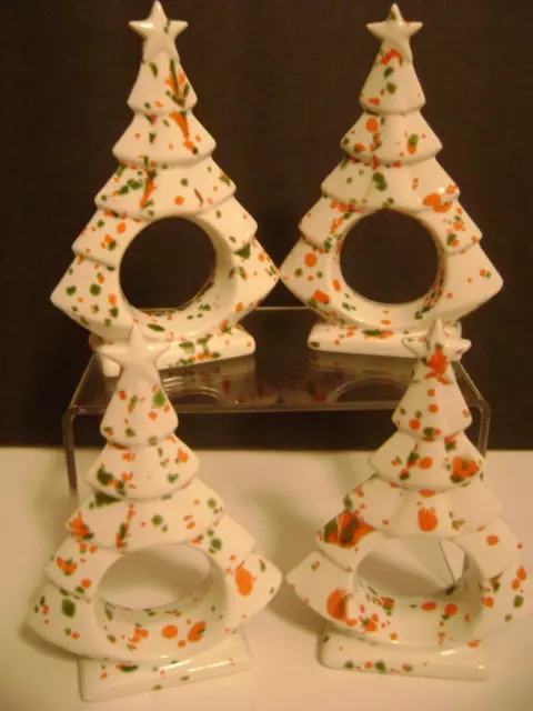 Vintage Ceramic Christmas Tree Speckled Splatter Napkin Rings~MCM~Set of 4