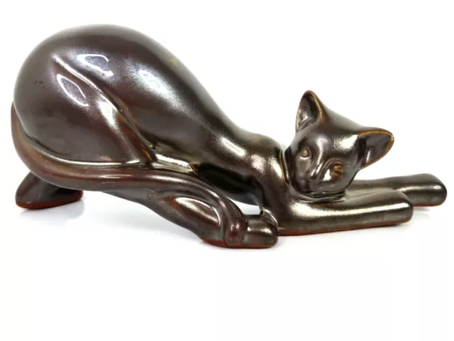 Cat Ceramic Figurine Mid Century Modern Scandinavian Pottery Bronze Brown 8"