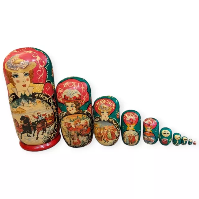 Juego de 10 muñecas anidadoras Troika Matryoshka rusa dibujadas a caballo pintadas a mano