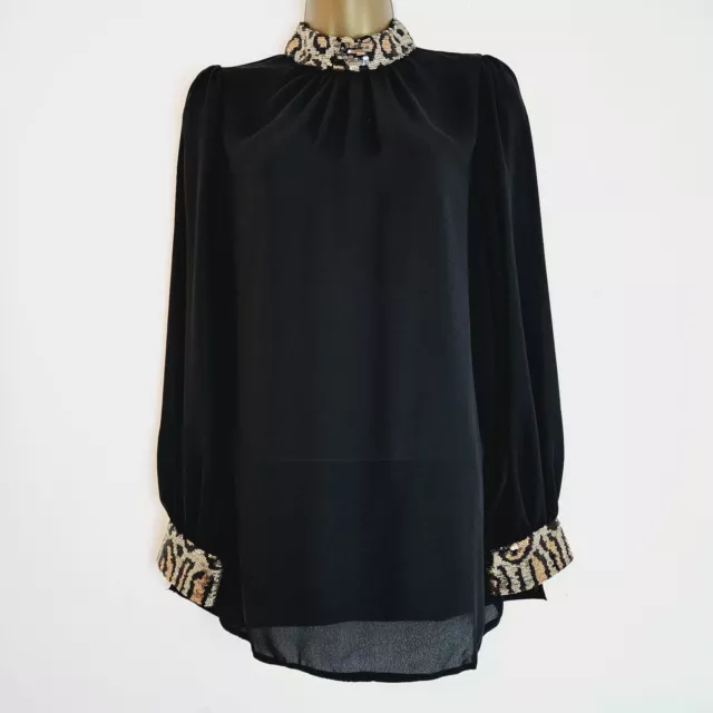 NEW WALLIS 10-20 Black Gold Sequin Embellished Animal Chiffon Keyhole Blouse Top