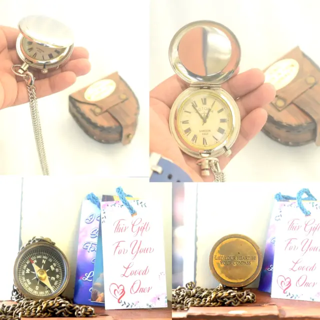 Push Button Pocket Watch Handmade Brass Clock with FREE Navigational Necklace