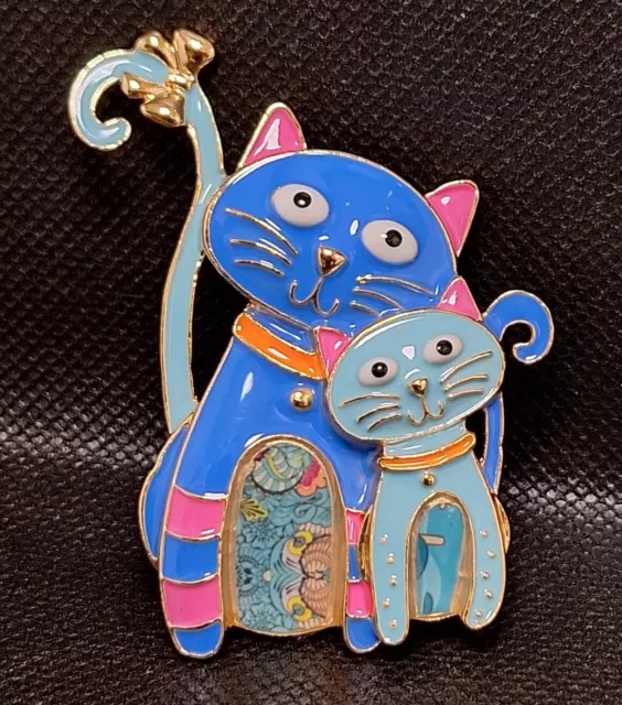 Cat Kitten Couple Brooch Blue Pink Enamel Gold Tone Jewelry Pin Gift Bow