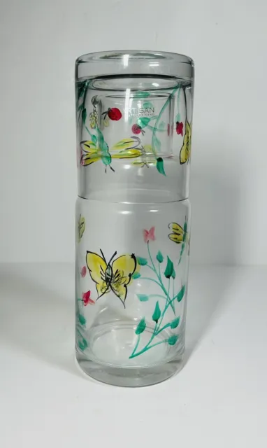 Hand Painted Flower Butterfly Tumble Up Glass Water Carafe & Tumbler Bedside