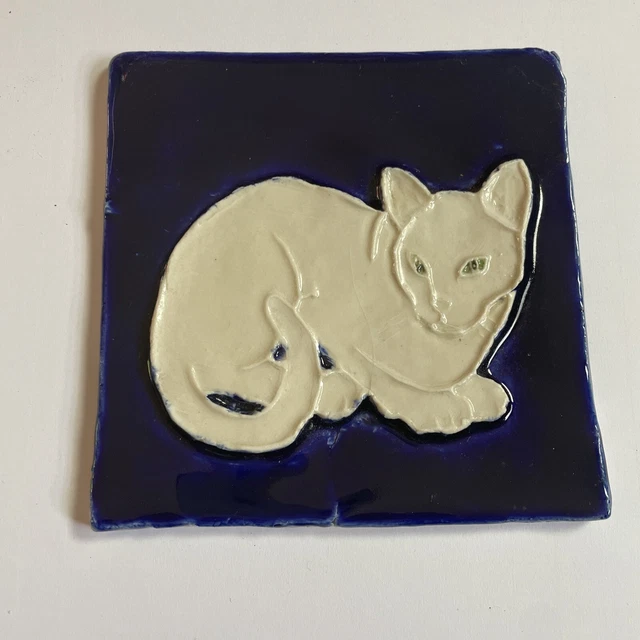 6” Cat Handmade Porcelain Tile Art Wall Decor Sculptured