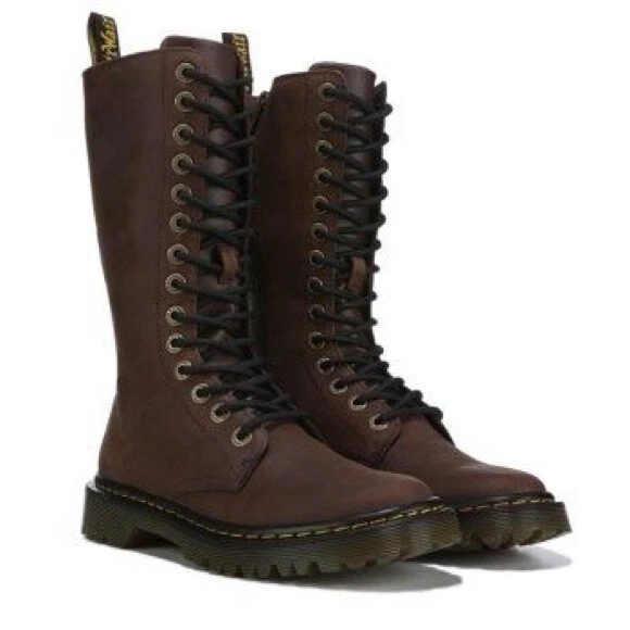WOMEN DR. MARTENS Luana Tall Lace Up Dark Brown Leather Boots Size