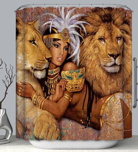 Woman with Lions Fabric SHOWER CURTAIN w/ Hooks Egyptian African Egypt