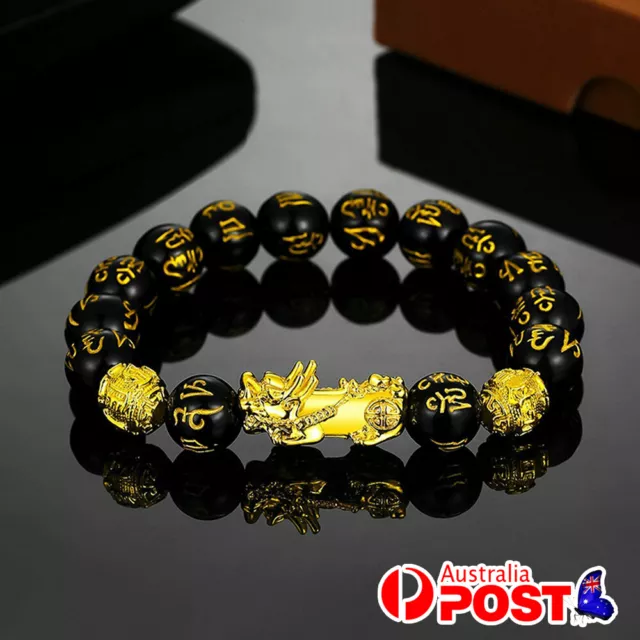 Feng Shui Black Obsidian Bracelet PiXiu Attract Wealth Good Luck Jewellery Gift