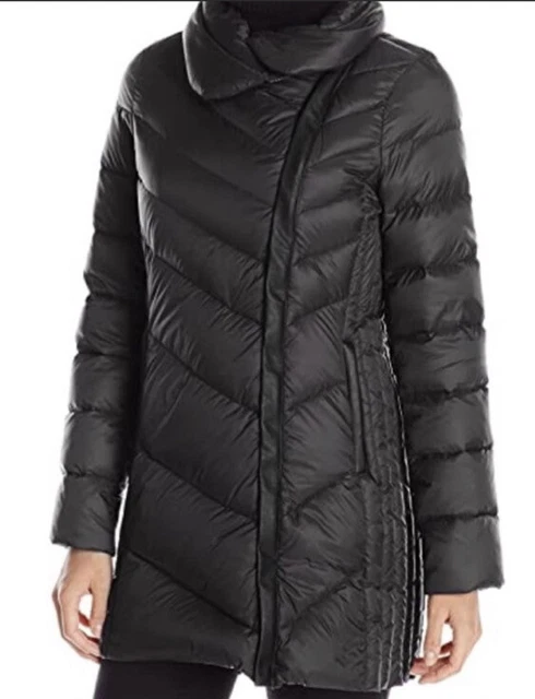 Sam Edelman Womens S Down Quilted Jacket Faux Leather Trim Black Puffer Coat