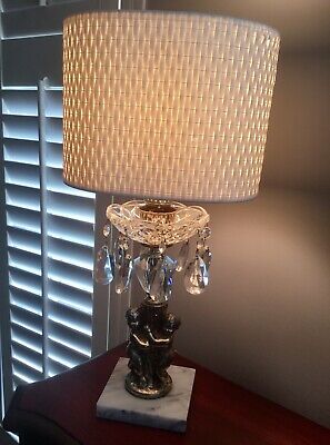 CHERUBS TABLE LAMP WITH MARBLE BASE Glass Crystals Gold Vintage VTG Cherub