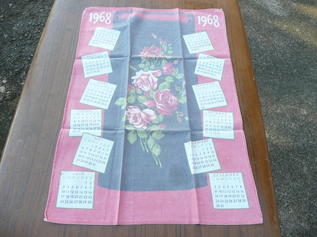Torchon de cuisine calendrier 1968 roses rouges et jaunes vintage