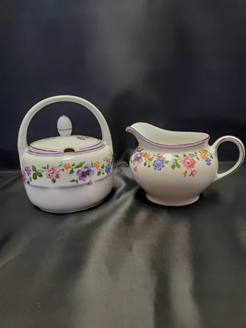 Z.S. & Co Bavaria Porcelain Cream and Sugar Basket Handle w/ Lid Purple Rims