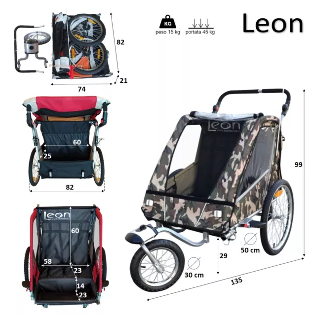 LEON Remorque à vélo + poussette pour 2 enfants bébé trasport de jogger fietskar 2