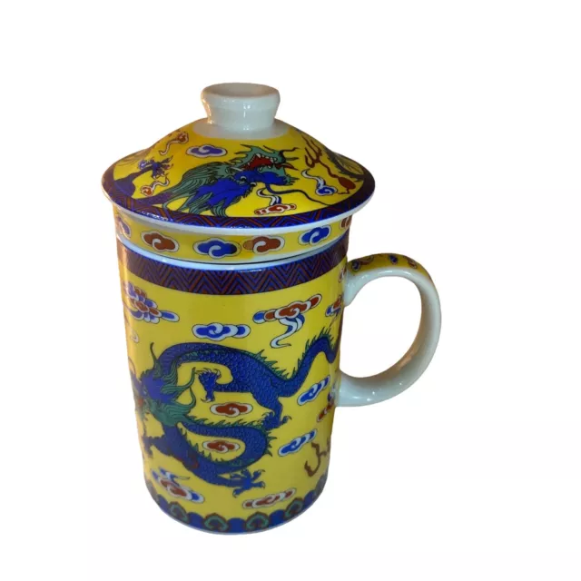 Chinese Dragon Ceramic Tea Mug Cup With Infuser and Lid 3 Piece Yellow Blue